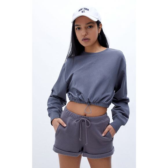 Pacsun Diana Soft Cinched Crew Neck Cropped Gray Sweatshirt Medium Nwot - Picture 1 of 8